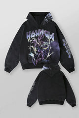 YOUNGLA- Washed Black Anime Graphic Pullover Hoodie