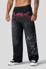YOUNGLA Men's Anime Graphic Acid Wash Straight Leg Sweatpants