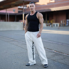 YOUNG LA American letter printed casual pants for runners, muscle exercise and fitness, cotton loose straight leg pants