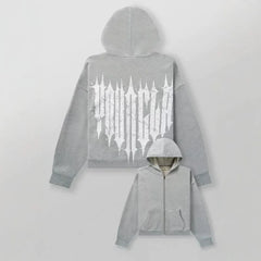 YOUNGLA- Grey Gothic Back Graphic Full-Zip Hoodie