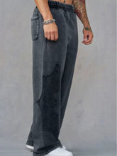 YOUNGLA Men's Acid Wash Gothic Cut-Out Appliqué Wide Leg Sweatpants
