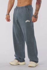 YOUNGLA Men's Arched Collegiate Logo Acid Wash Wide Leg Sweatpants