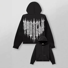 YOUNGLA- Black Gothic Back Graphic Full-Zip Hoodie