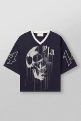 YoungLA Heavyweight Oversized V-Neck Mesh Jersey – Navy Dripping Skull Graphic