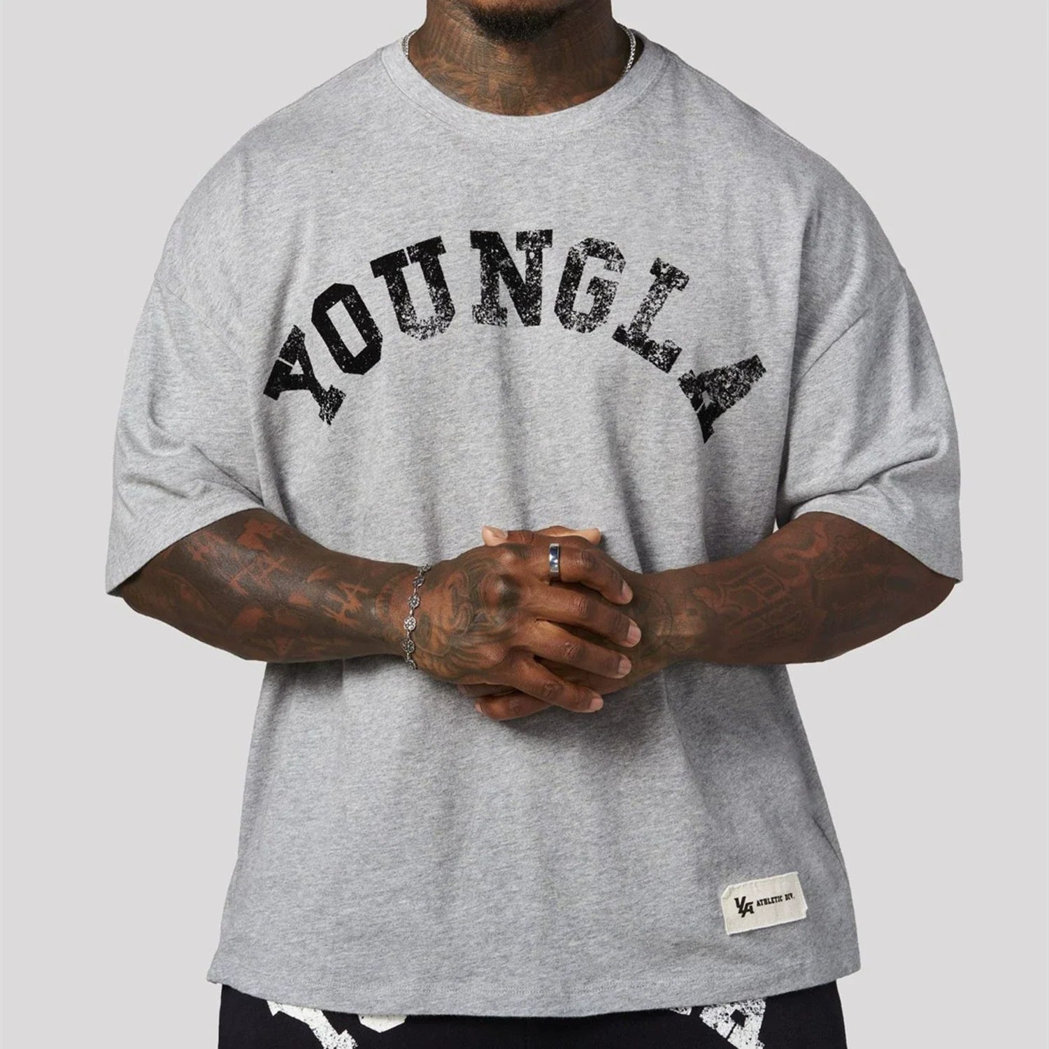YoungLA Heavyweight Acid Wash Oversized Tee – Heather Grey Distressed Print