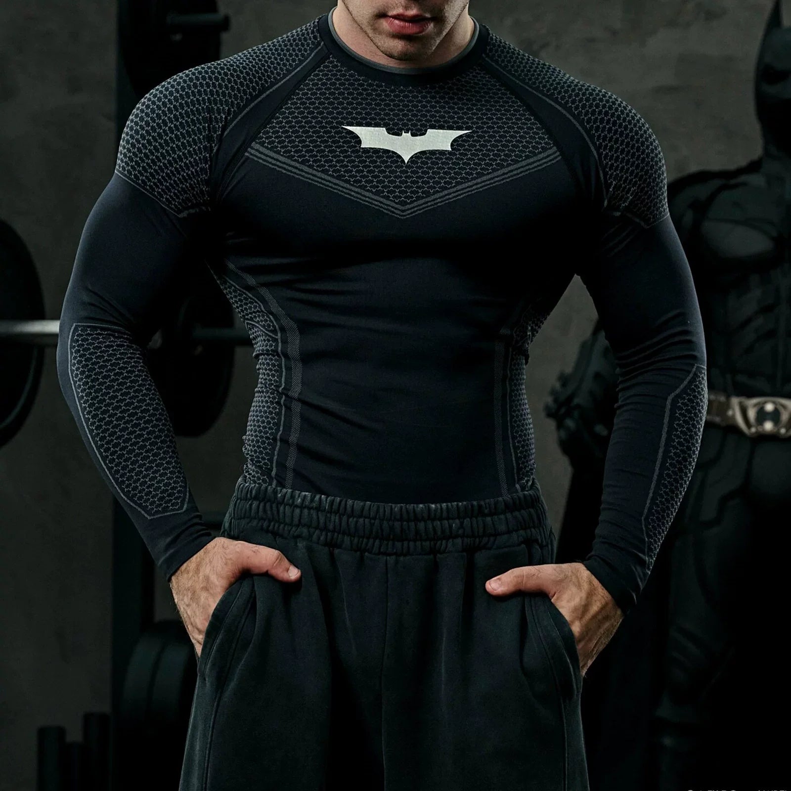 YOUNGLA Men's Superhero Honeycomb Armor Compression Long Sleeve Shirt Black