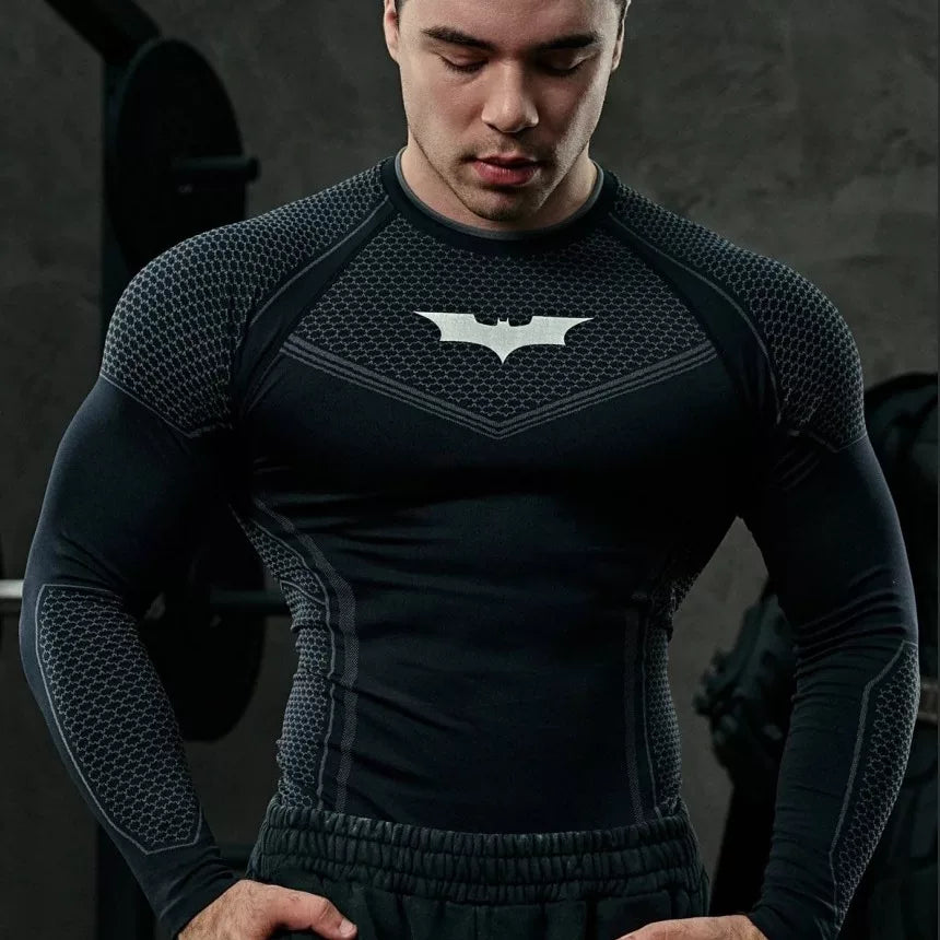 YOUNGLA Batman Superhero Compression Long-Sleeve Gym Shirt  LightGray