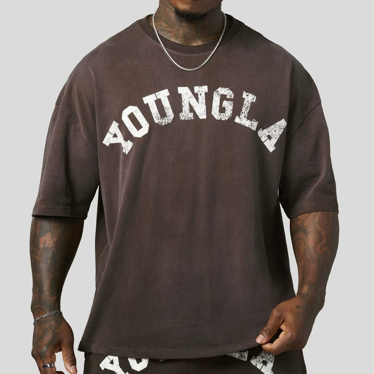 YoungLA Heavyweight Acid Wash Oversized Tee – Mocha Brown Distressed Print