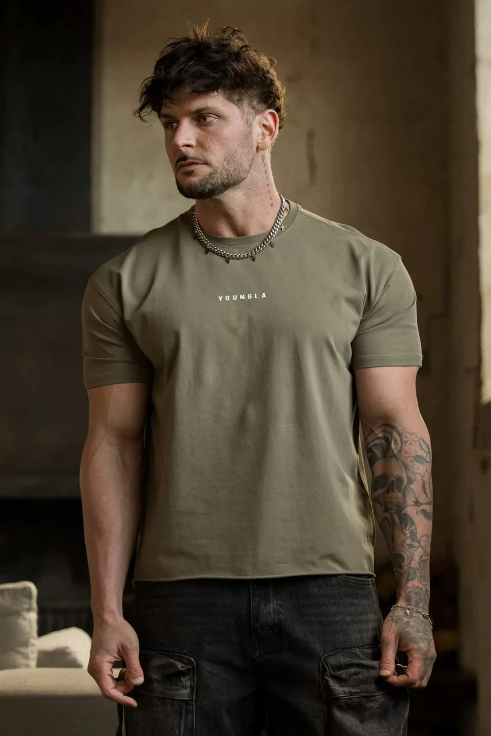 YoungLA Heavyweight Acid Wash Oversized Tee – Sage Olive Minimal Chest Logo