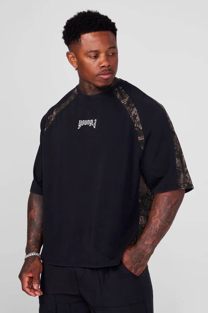 YoungLA Heavyweight Acid Wash Oversized Tee – Raglan Paneled Gothic Micro Logo