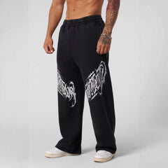 YONGLA men's sports pants with leaf camouflage print straight leg casual pants, loose sports outdoor wide leg pants