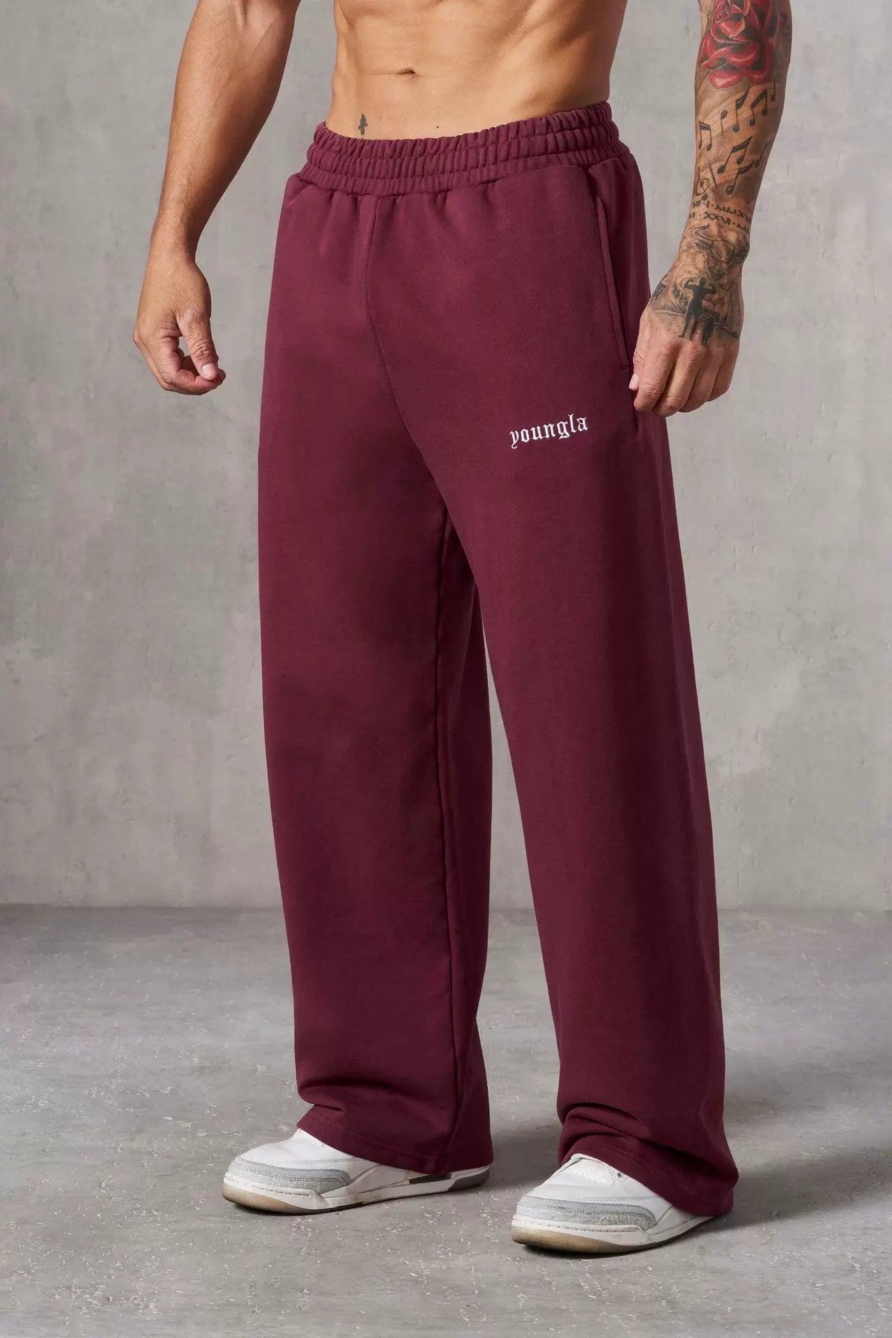 YOUNGLA Men's Minimalist Embroidered Logo Wide Leg Sweatpants