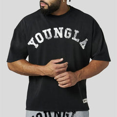YoungLA Heavyweight Acid Wash Oversized Tee – Jet Black Distressed Print