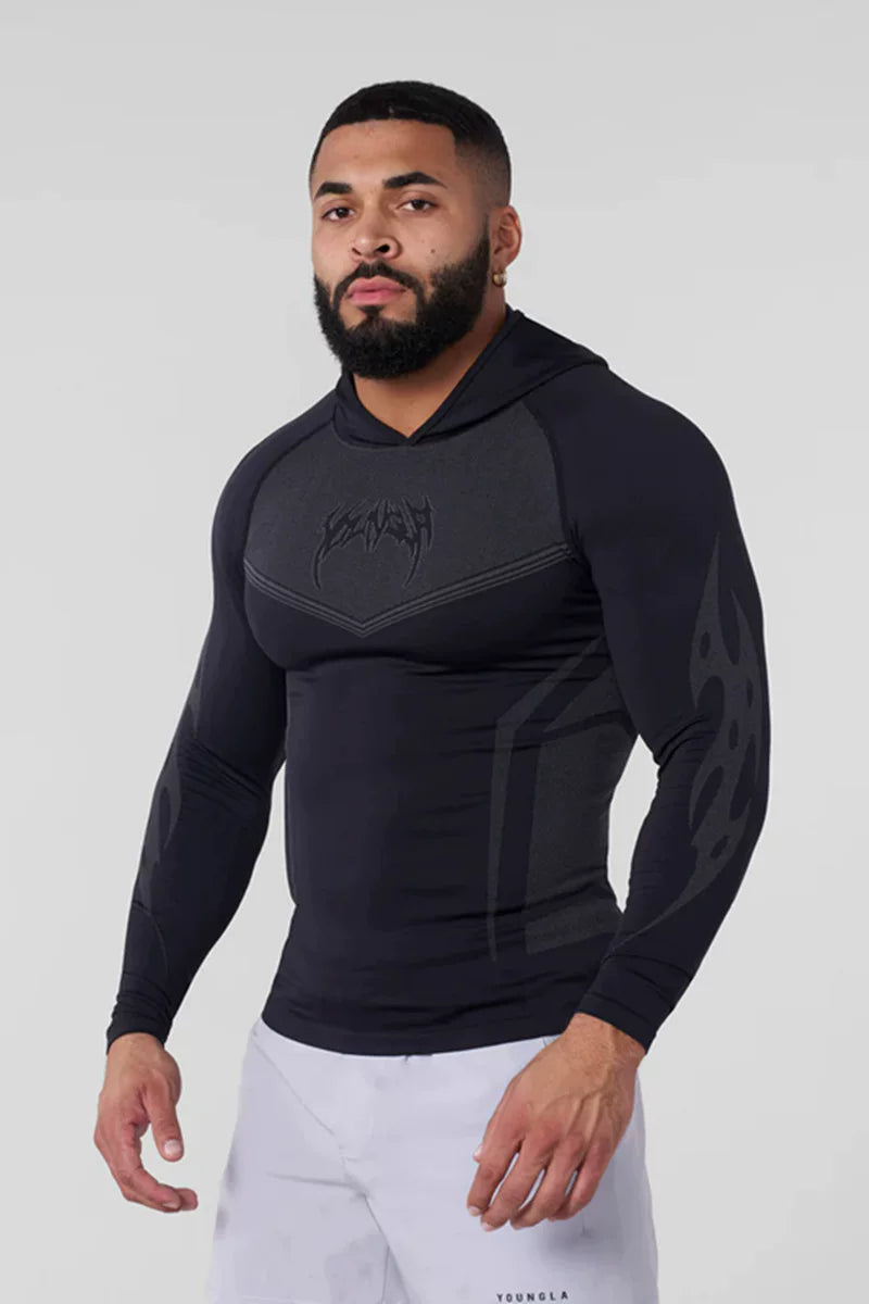 YOUNGLA- Black Fitted Long Sleeve Hooded Performance Shirt