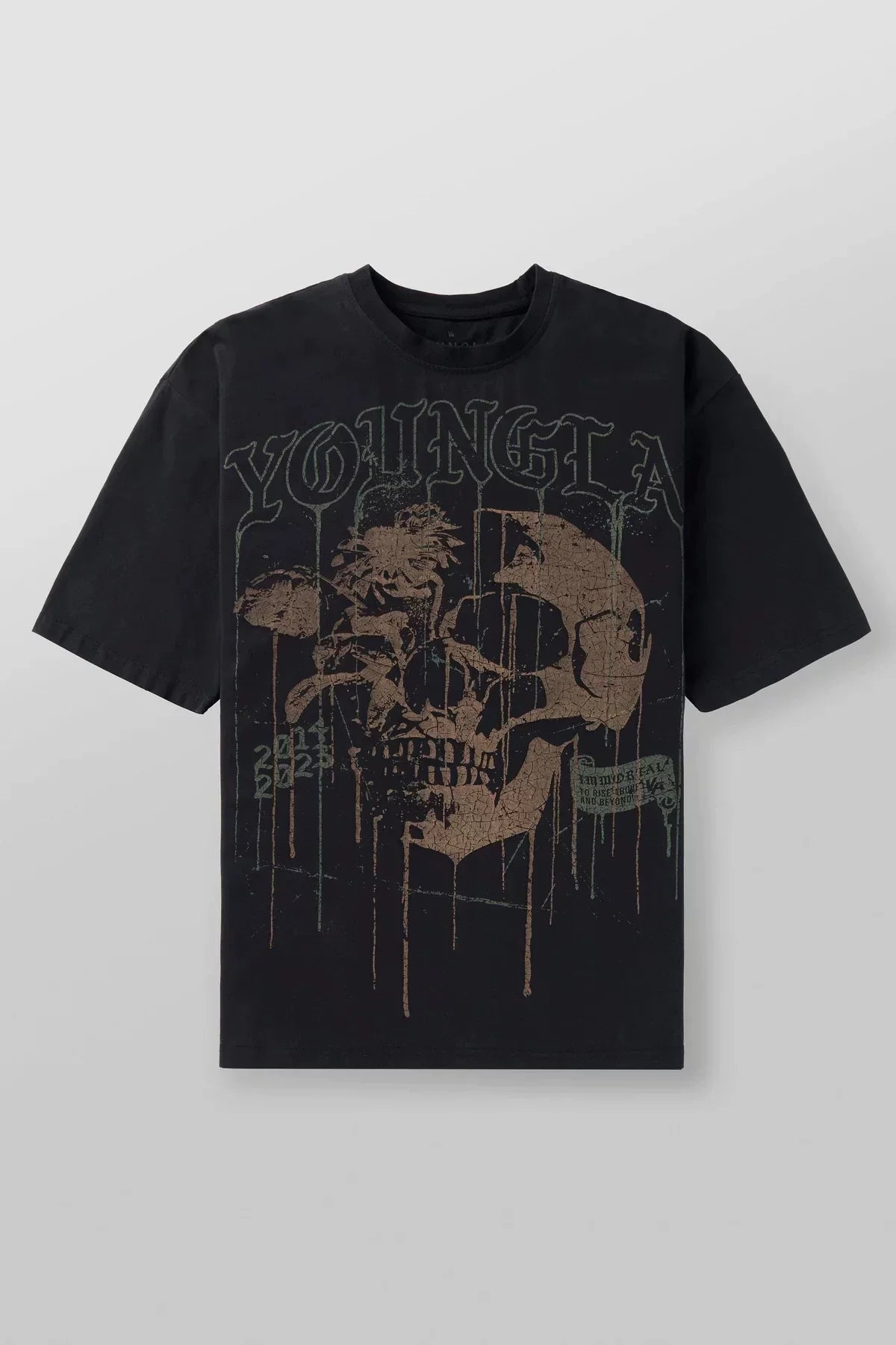 YoungLA Heavyweight Acid Wash Oversized Tee – Washed Black Drip Skull Graphic
