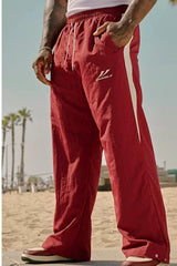 YOUNGLA Men's Retro Athletic Side Stripe Wide Leg Track Pants -Red,
