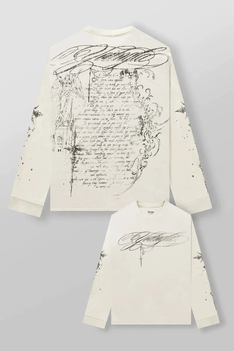YOUNGLA Men's Gothic Calligraphy Script Long Sleeve Tee