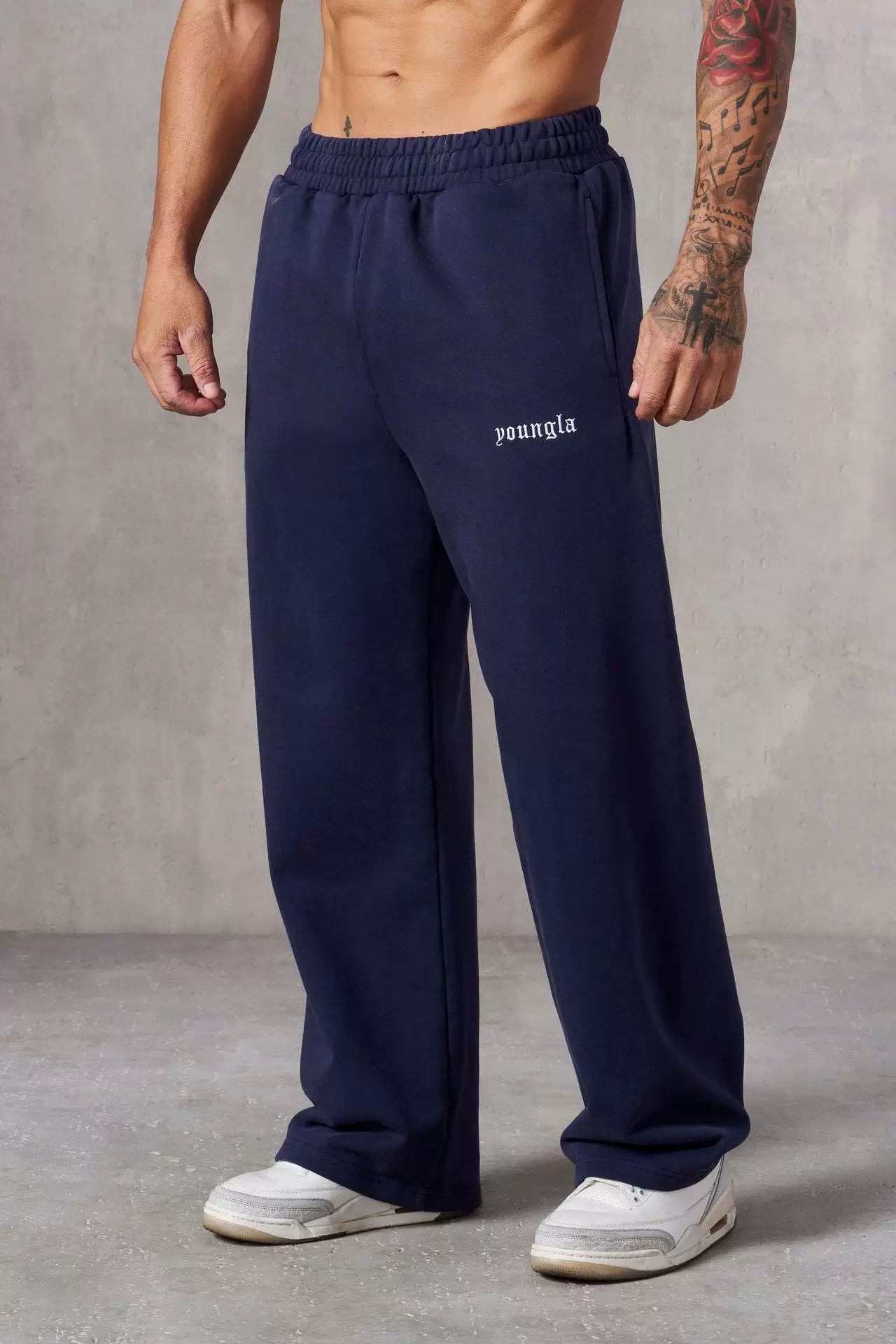 YOUNGLA Men's Minimalist Embroidered Logo Wide Leg Sweatpants
