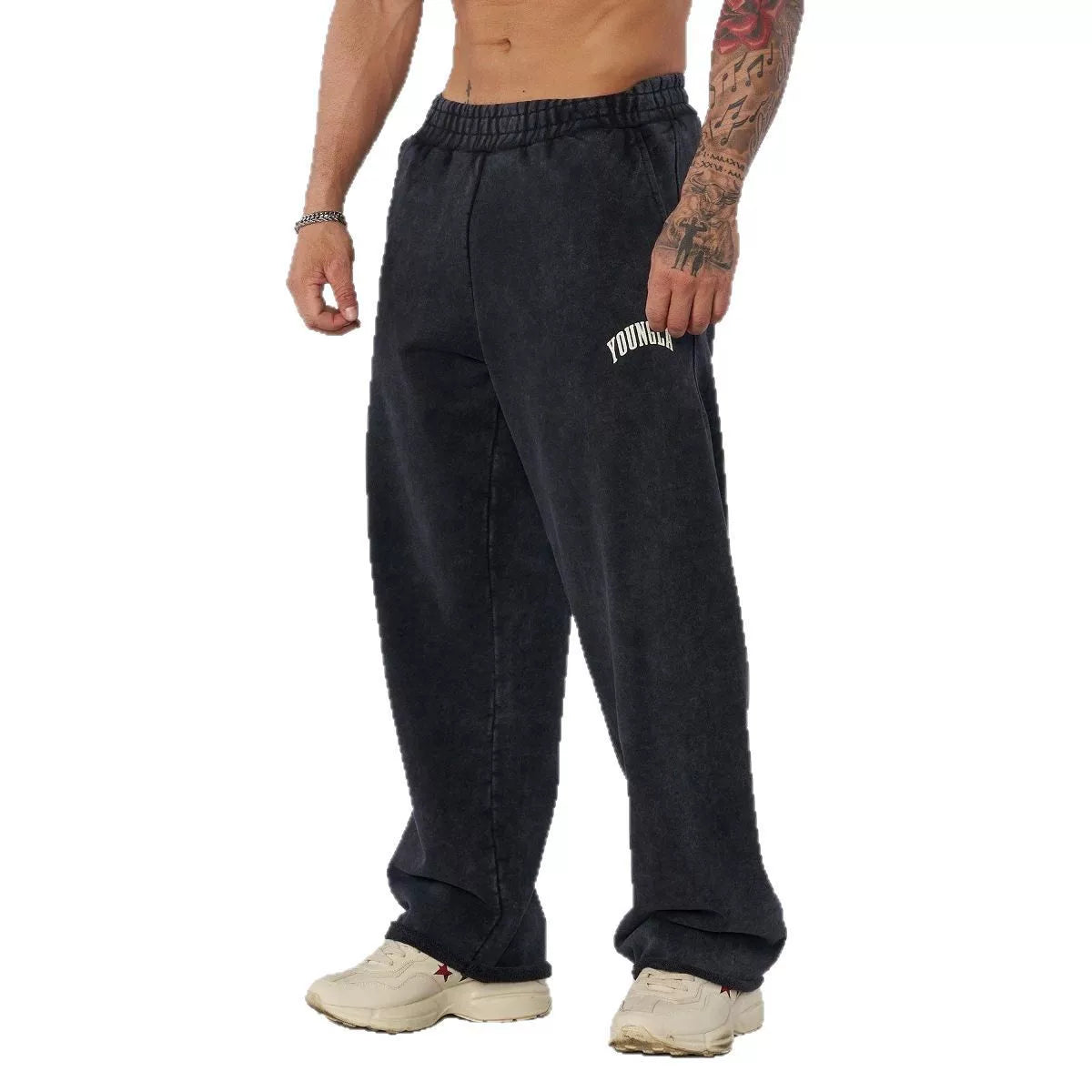 YONGLA men's sports pants loose straight leg pants American wide leg fitness pants pure cotton sports casual pants