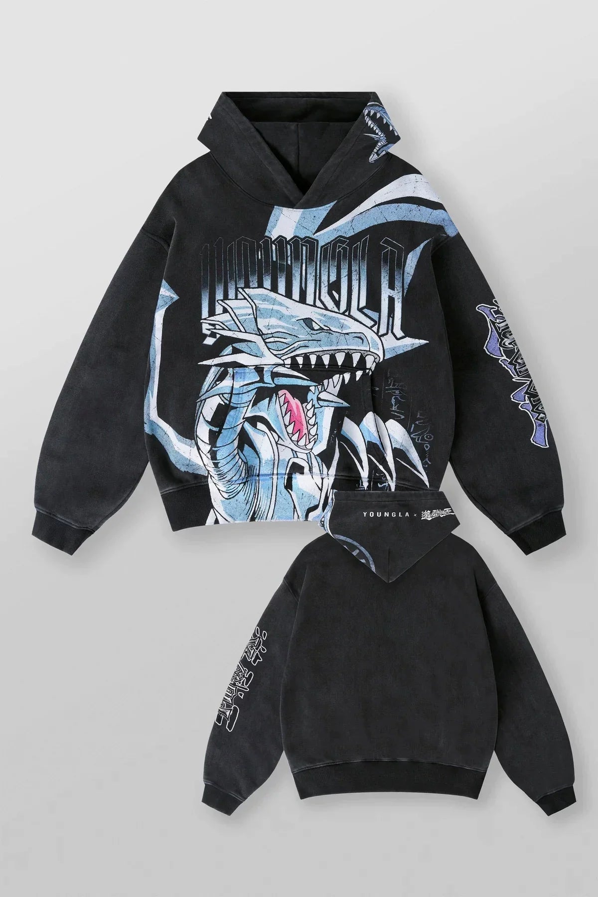 YOUNGLA- Washed Black Blue-Eyes White Dragon Anime Graphic Pullover Hoodie
