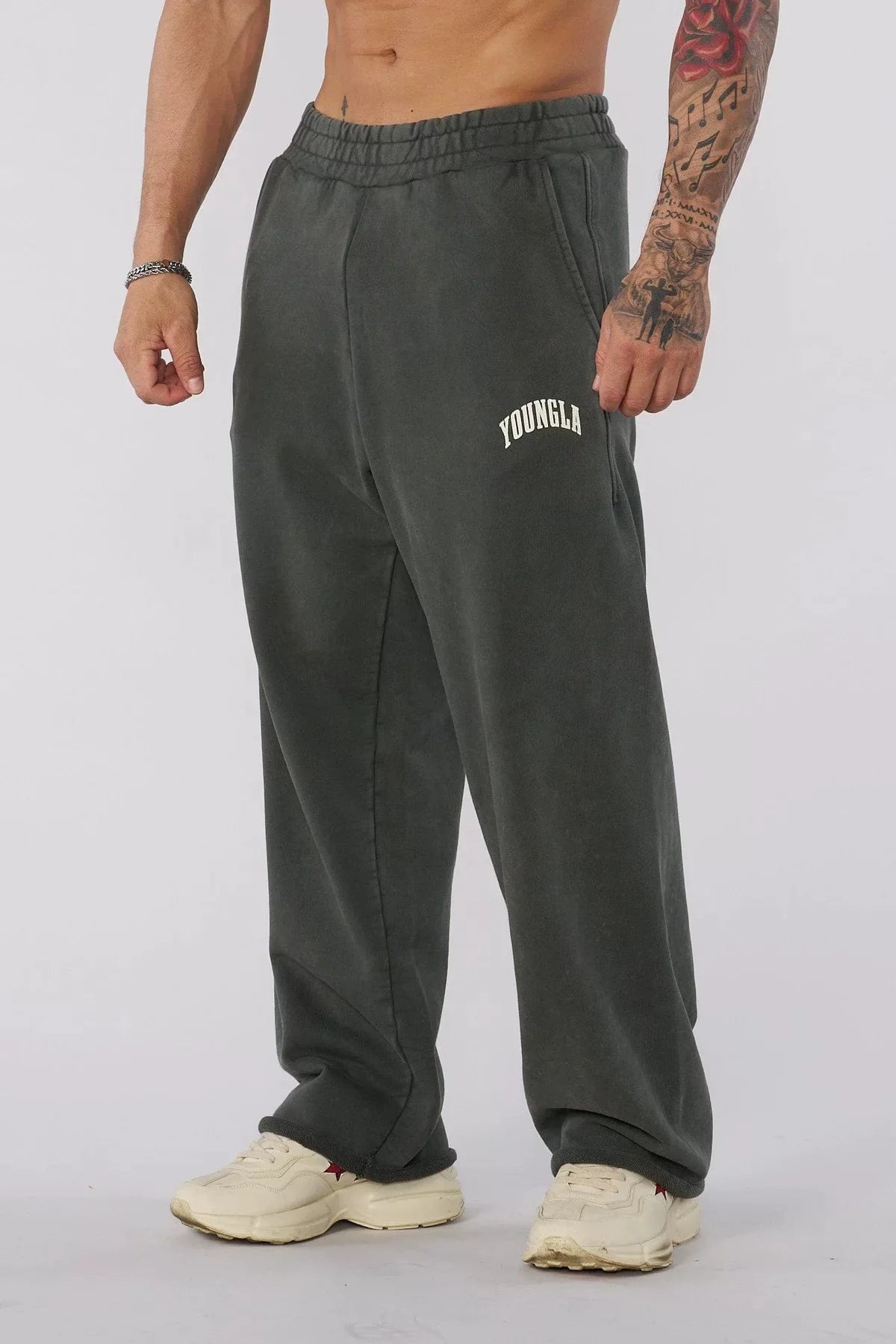 YOUNGLA Men's Arched Collegiate Logo Acid Wash Wide Leg Sweatpants