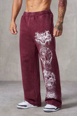 YOUNGLA Men's Acid Wash Heavy Metal Skull Graphic Wide Leg Sweatpants