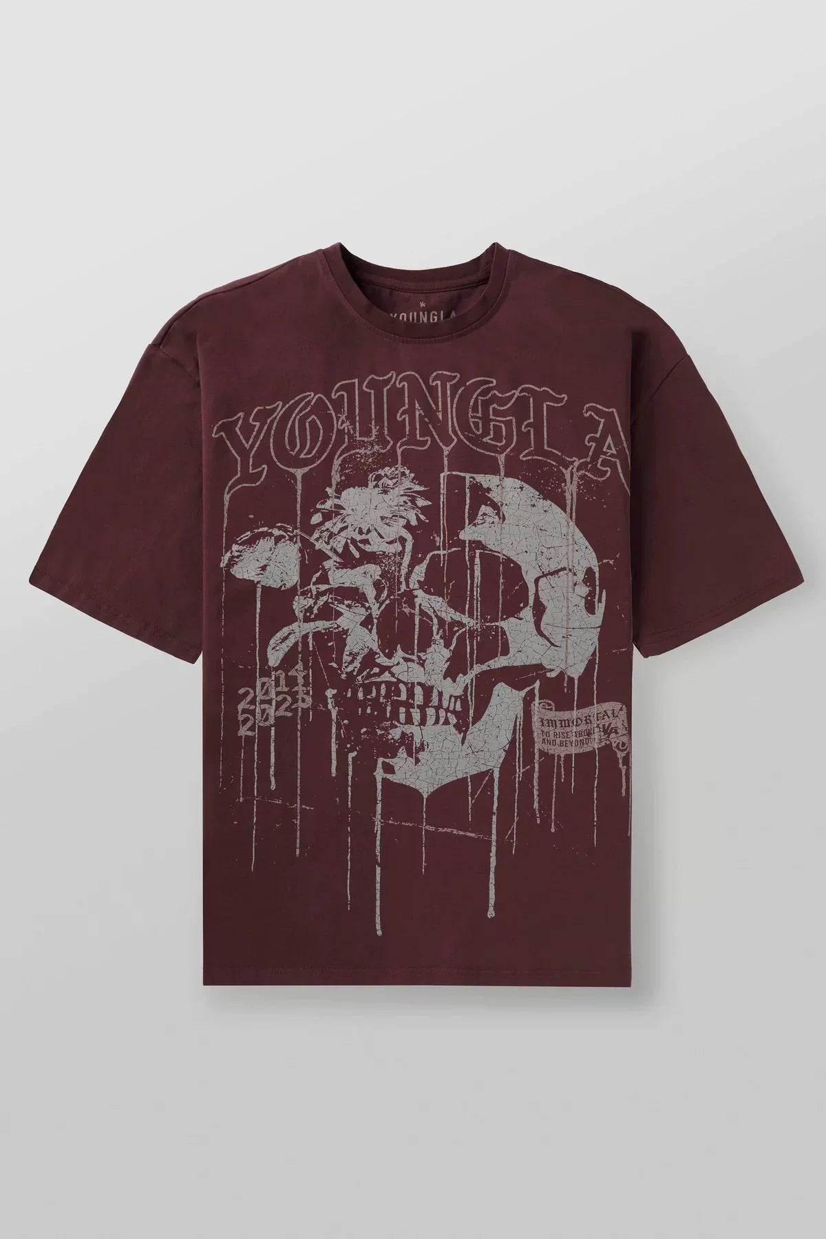 YoungLA Heavyweight Acid Wash Oversized Tee – Burgundy Drip Skull Graphic
