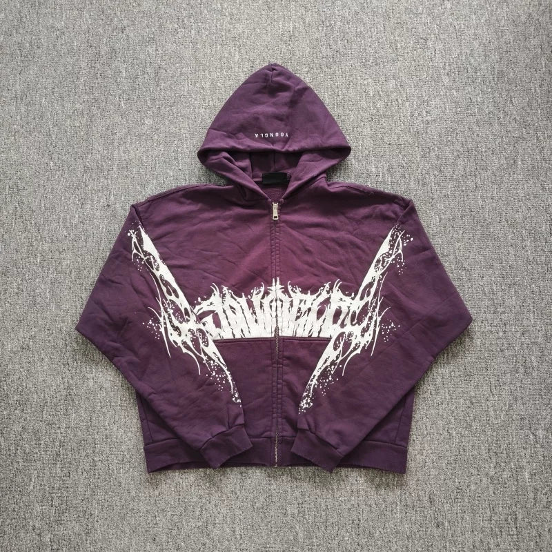 YOUNGLA- Washed Purple Gothic Graphic Zip-Up Hoodie