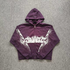 YOUNGLA- Washed Purple Gothic Graphic Zip-Up Hoodie