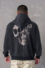 YOUNGLA- Washed Grey Skull Graphic Hoodie Sweatshirt