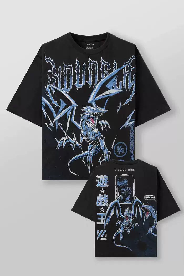 YoungLA x Yu-Gi-Oh! Heavyweight Acid Wash Oversized Tee – Blue-Eyes White Dragon Anime Graphic