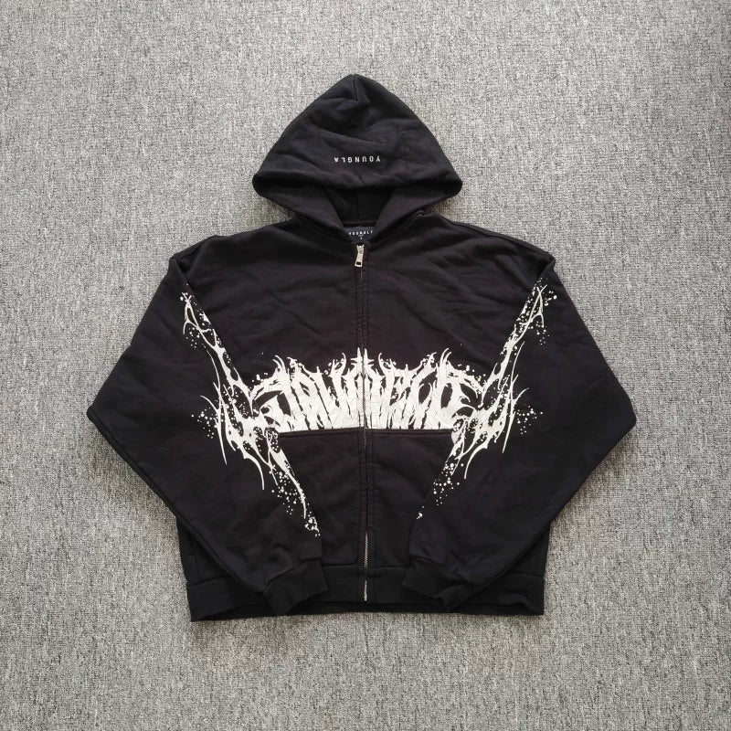YOUNGLA- Black Gothic Graphic Zip-Up Hoodie