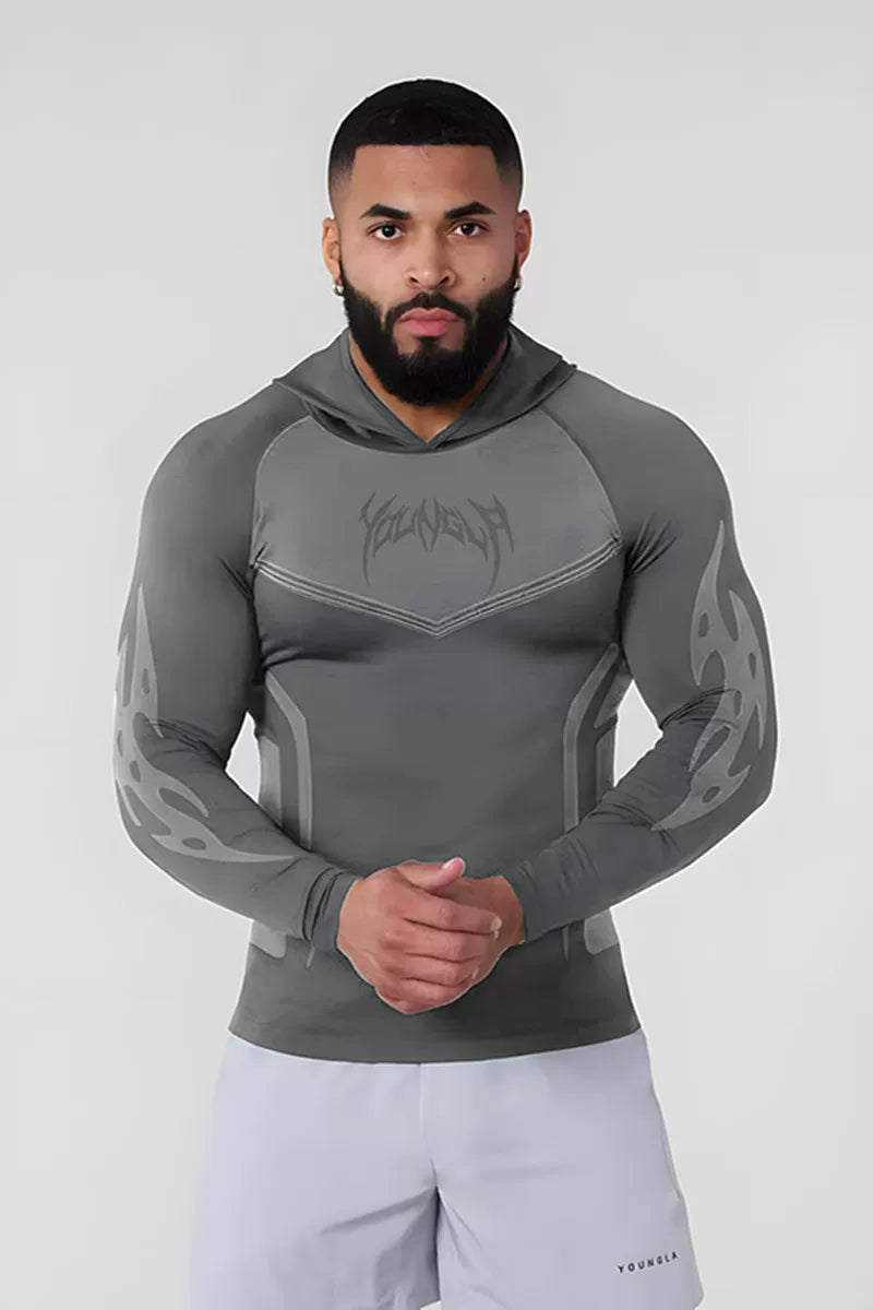 YOUNGLA- Grey Fitted Long Sleeve Hooded Performance Shirt