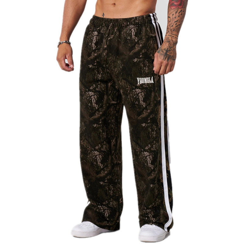 YOUNG LA American Running, Leisure, Breathable, Splicing, Fitness, Straight, Loose, Wide Legs, Blue Ball Camouflage Pants