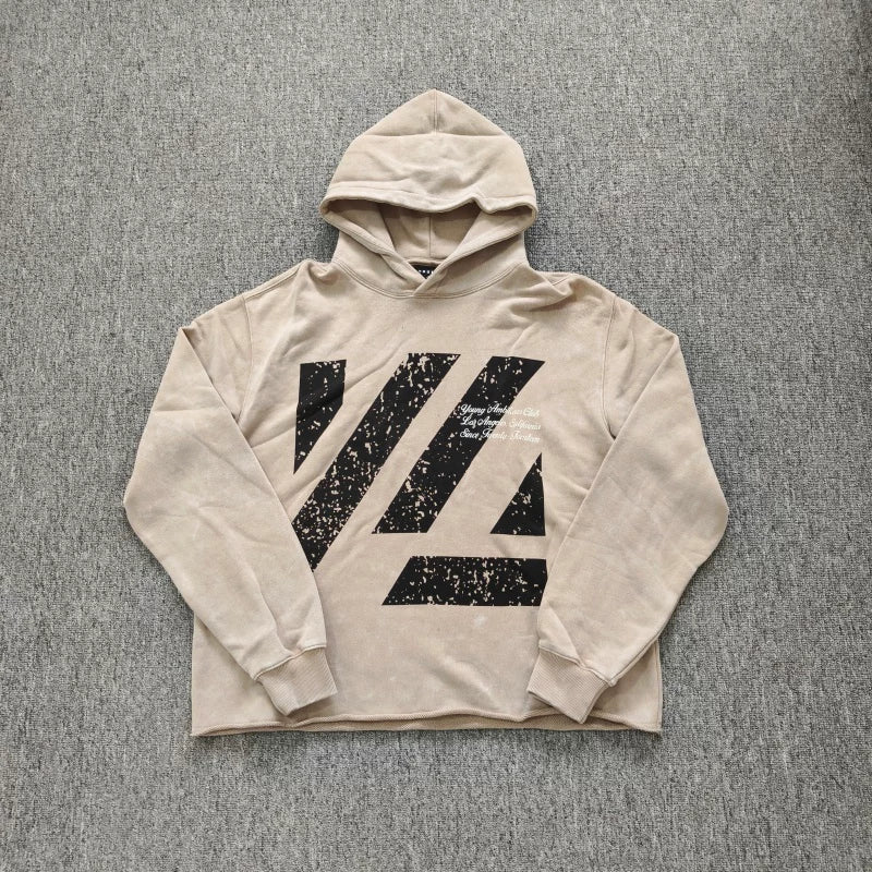YOUNGLA- Washed Beige Graphic Pullover Hoodie
