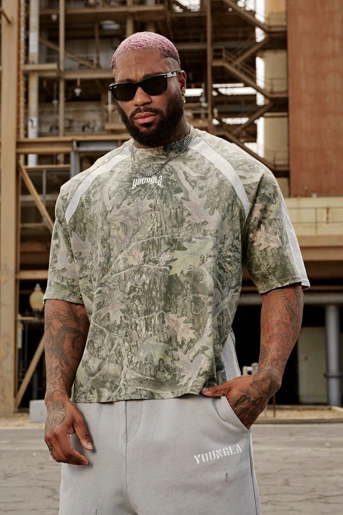 YoungLA Heavyweight Acid Wash Oversized Tee – Tactical Light Camo Raglan Sleeve Gothic Micro Logo