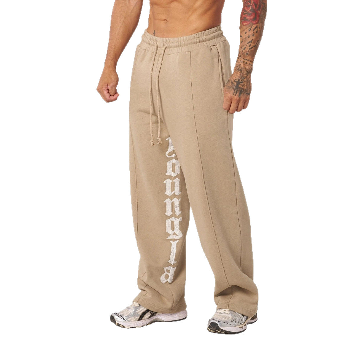 YOUNG LA American letter printed casual pants for runners, muscle exercise and fitness, cotton loose straight leg pants