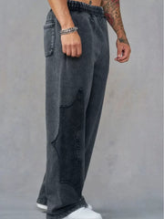 YOUNGLA Men's Acid Wash Gothic Cut-Out Appliqué Wide Leg Sweatpants