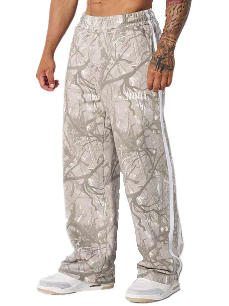 YOUNG LA American Running, Leisure, Breathable, Splicing, Fitness, Straight, Loose, Wide Legs, Blue Ball Camouflage Pants