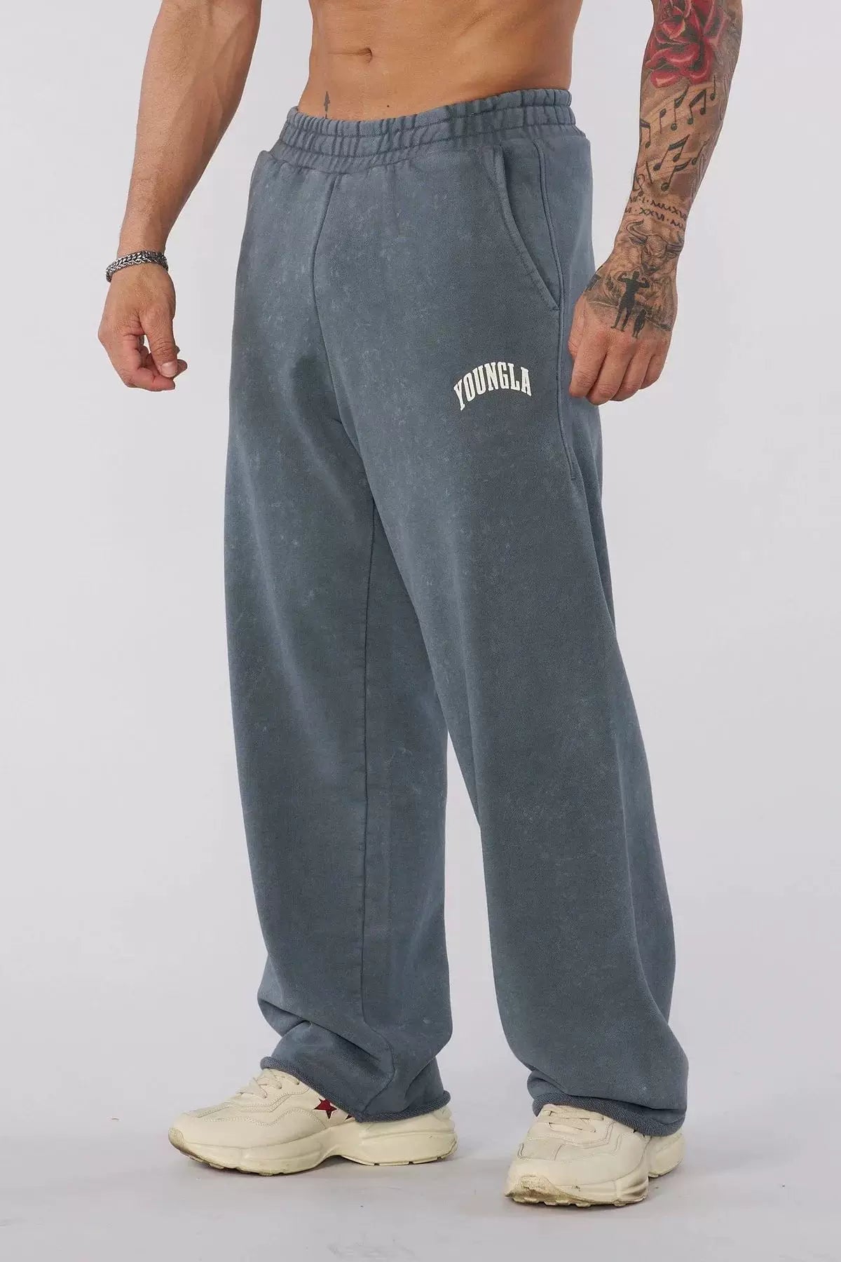 YOUNGLA Men's Arched Collegiate Logo Acid Wash Wide Leg Sweatpants