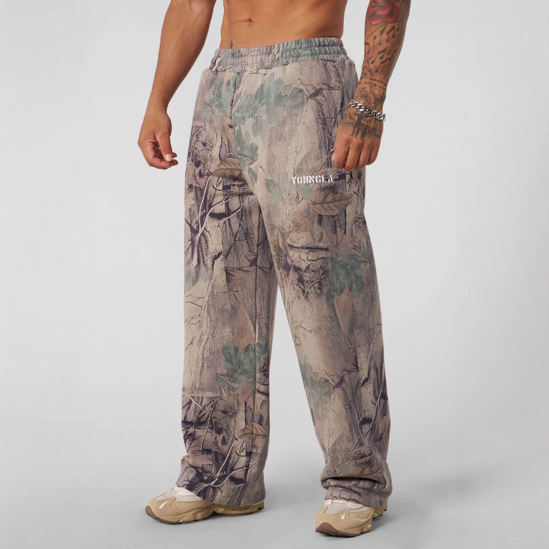 YOUNG LA American Leaf Camouflage Printed Straight Leg Casual Pants for Men, Loose Sports Outdoor Camouflage Wide Leg Pants