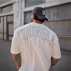 YoungLA Heavyweight Acid Wash Oversized Tee – Cream Drip Arc Back Artwork