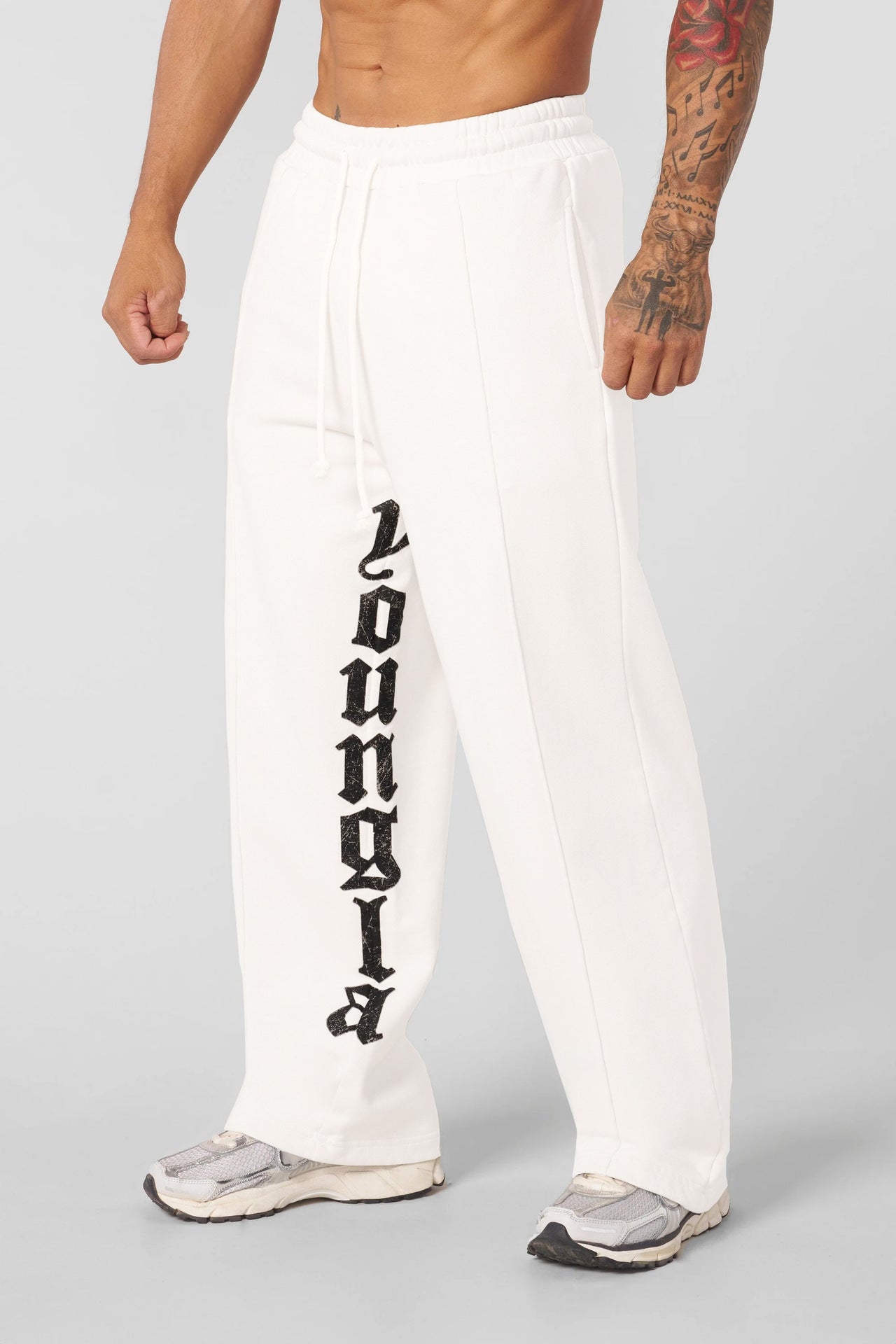 YOUNG LA American letter printed casual pants for runners, muscle exercise and fitness, cotton loose straight leg pants