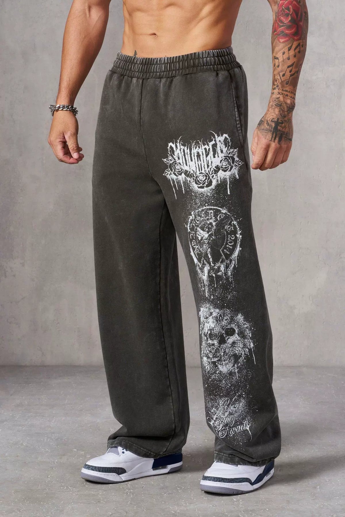 YOUNGLA Men's Acid Wash Heavy Metal Skull Graphic Wide Leg Sweatpants