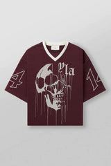YoungLA Heavyweight Oversized V-Neck Mesh Jersey – Maroon Dripping Skull Graphic