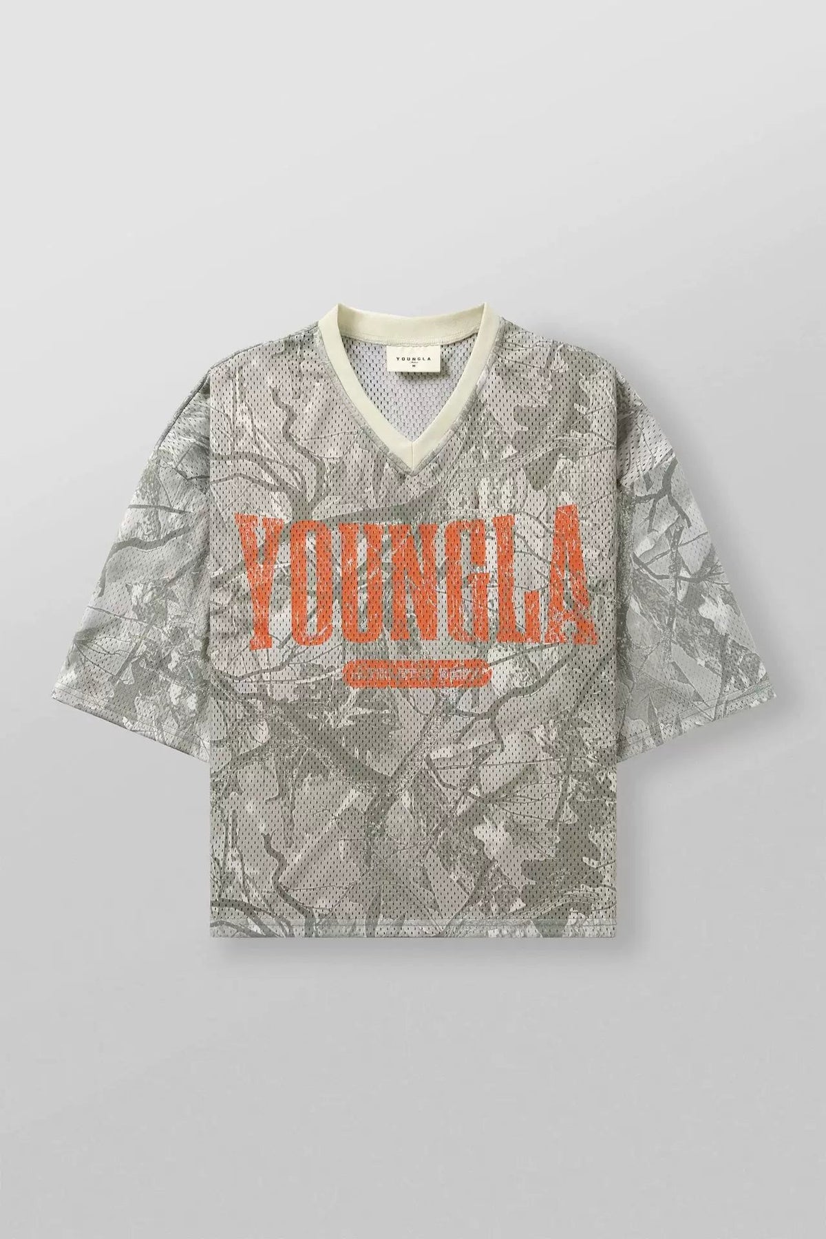 YoungLA Grey Camo Oversized V-Neck Mesh Jersey – Orange Distressed Graphic